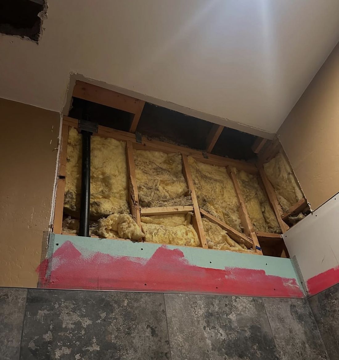 Bathroom ceiling drywall rebuild in progress